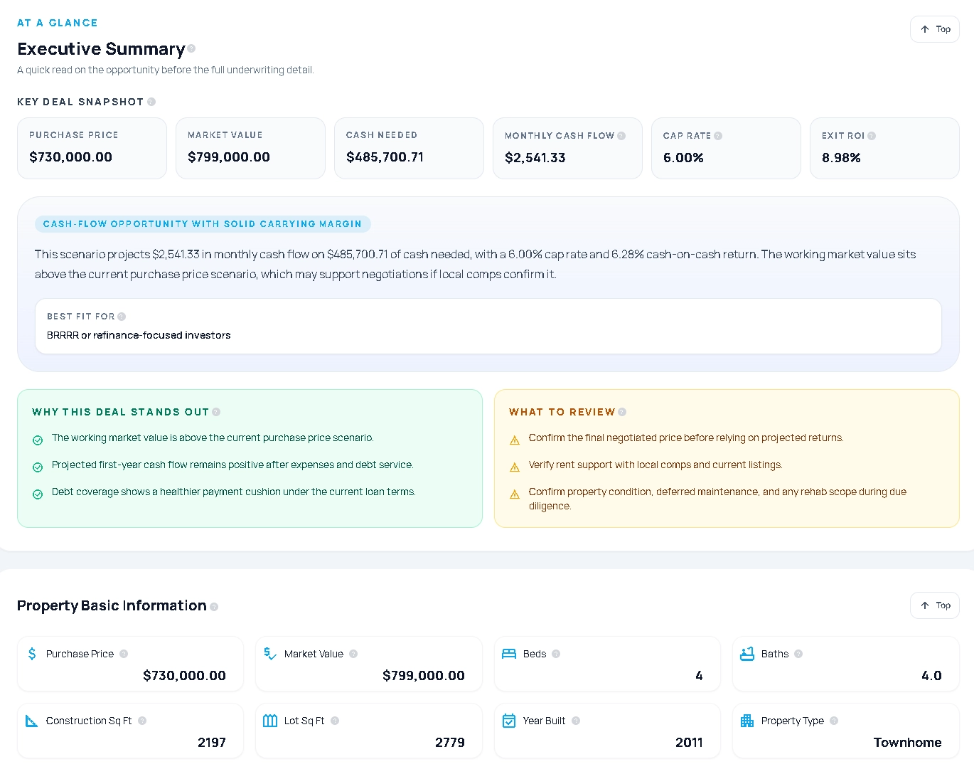 YieldEvo application screenshot showing the residential investment analysis report